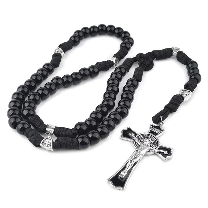 Fine Crafted Black Sturdy Umbrella Cord Crucifix Rosary - Black - image 1
