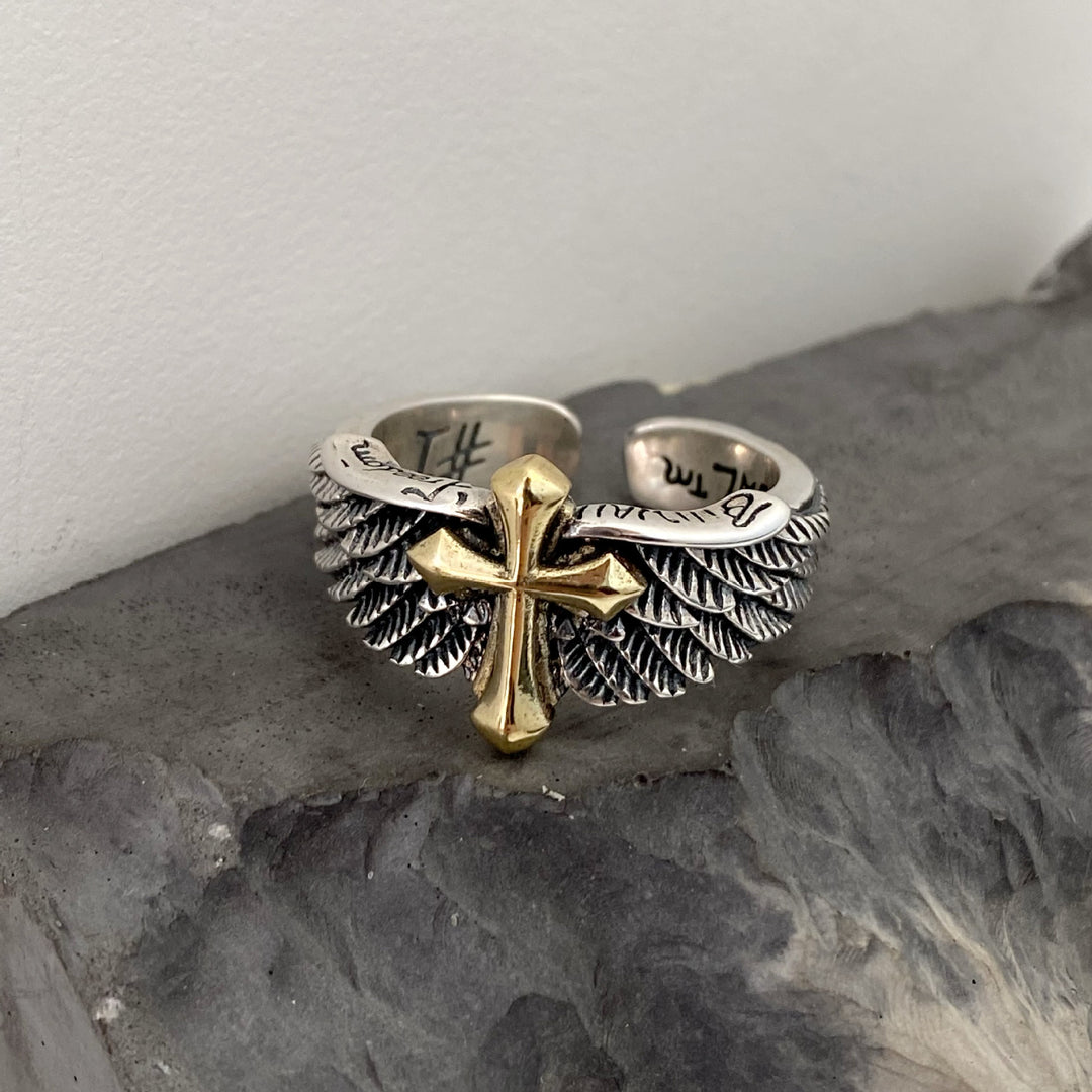 Christianartworkshop Retro Wings Cross Graffiti Letter Adjustable Ring - Adjustable(Suitable for US sizes 8-10) - image 0