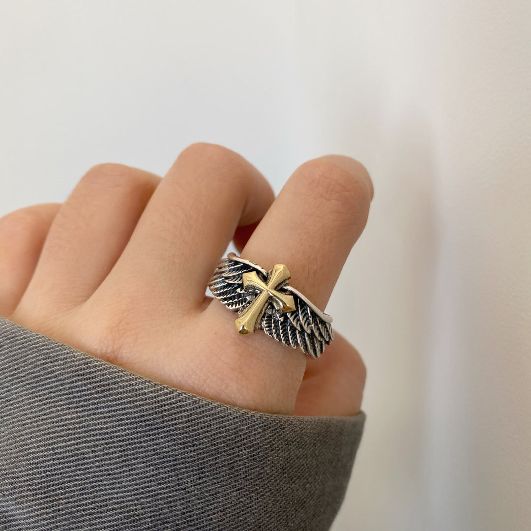 Christianartworkshop Retro Wings Cross Graffiti Letter Adjustable Ring - image 6