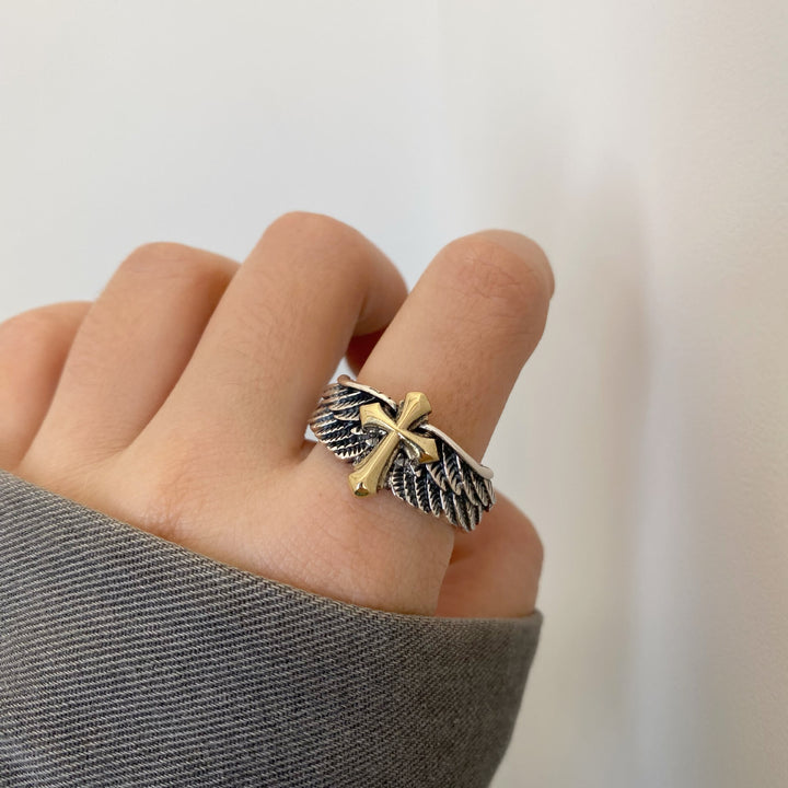 Christianartworkshop Retro Wings Cross Graffiti Letter Adjustable Ring - image 6