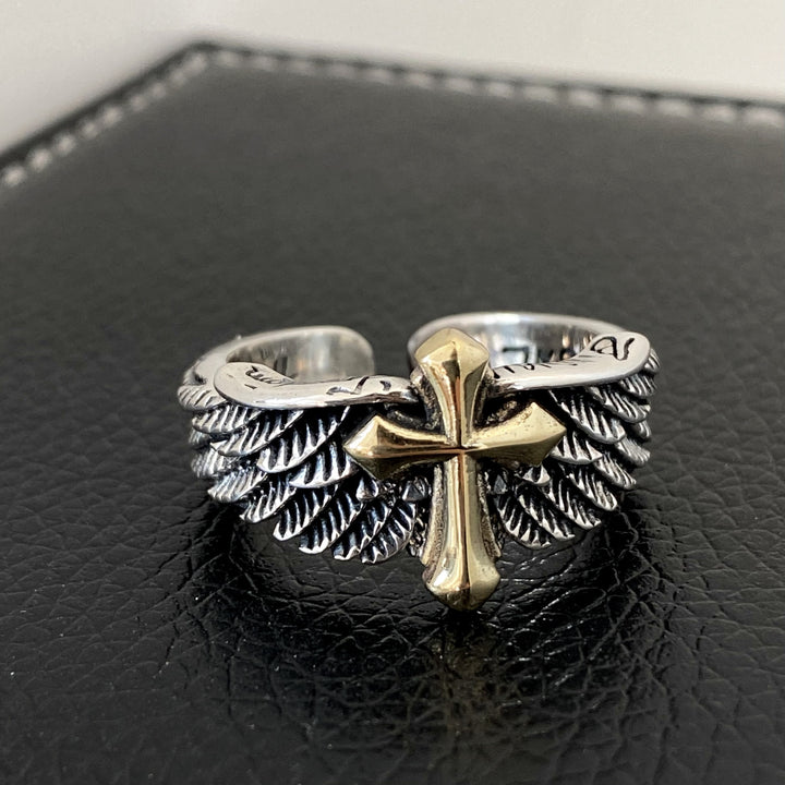 Christianartworkshop Retro Wings Cross Graffiti Letter Adjustable Ring - image 5