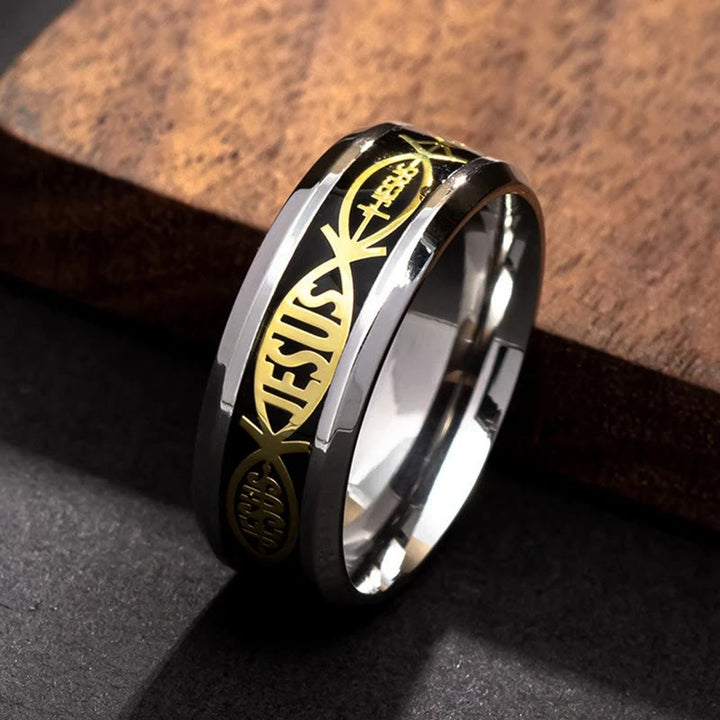 FREE Today: Rustic Ichthys Jesus Fish Sparkle Ring - Faith and Devotion - Black-gold - US 13 - image 2