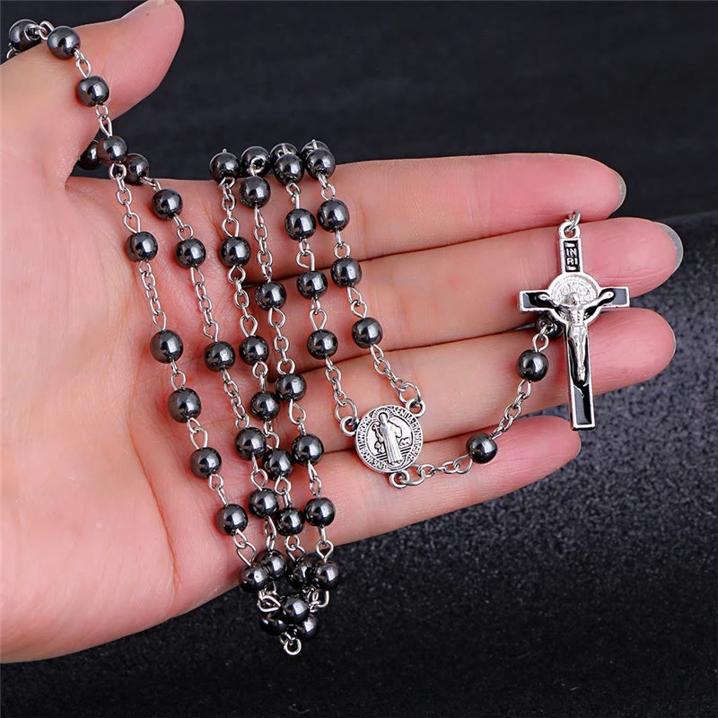 St. Benedict Medallion & Crucifix Black Gallstone Rosary - Silver Chain - image 1