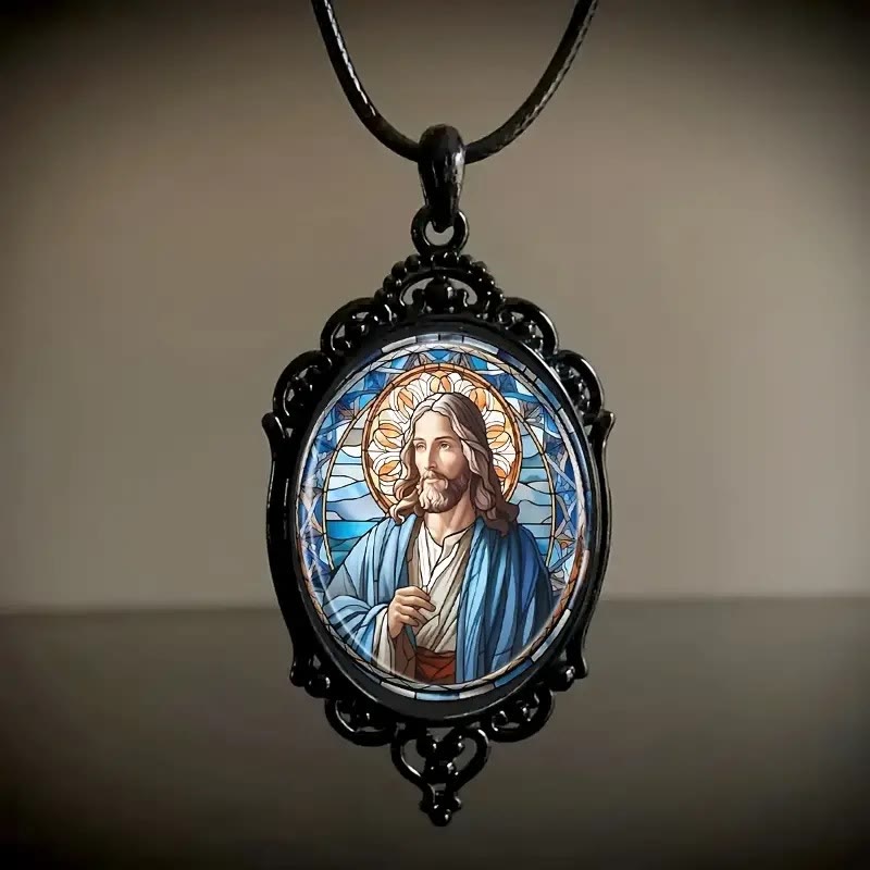 Christianartworkshop Retro Lace Oval Jesus Glass Pendant Necklace - image 2
