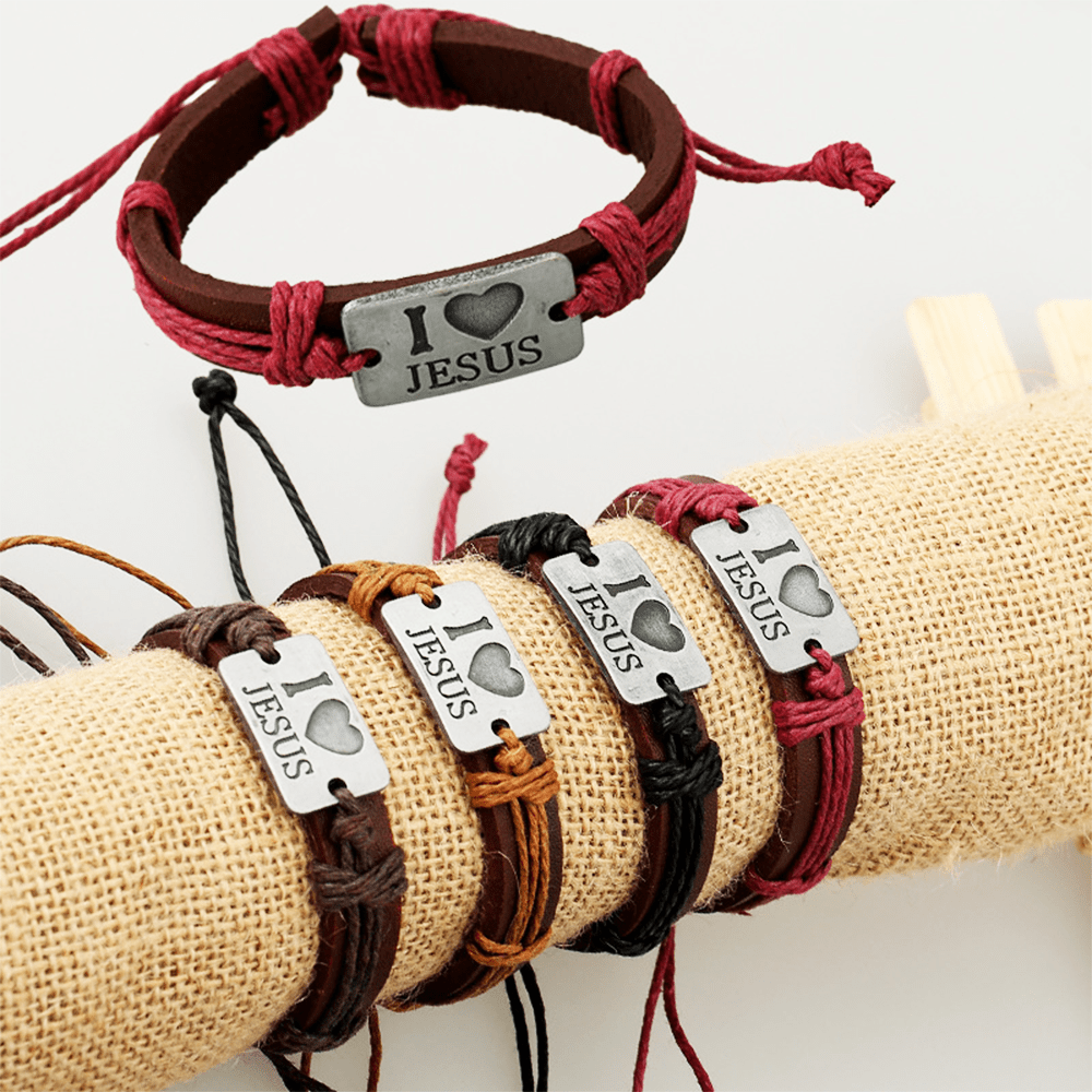Christianartworkshop "I Love Jesus"  Jewelry Cross Adjustable Leather Bracelet - Red-string - image 1