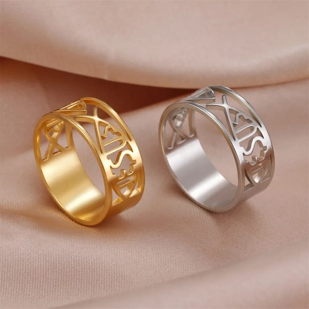 Christianartworkshop Jesus Fish Skeleton Titanium Religion Ring - Golden - US6 - image 1