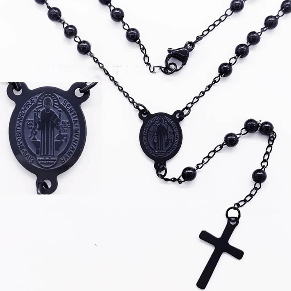 Stainless Steel Black Beaded Rosary - St. Benedict - image 3