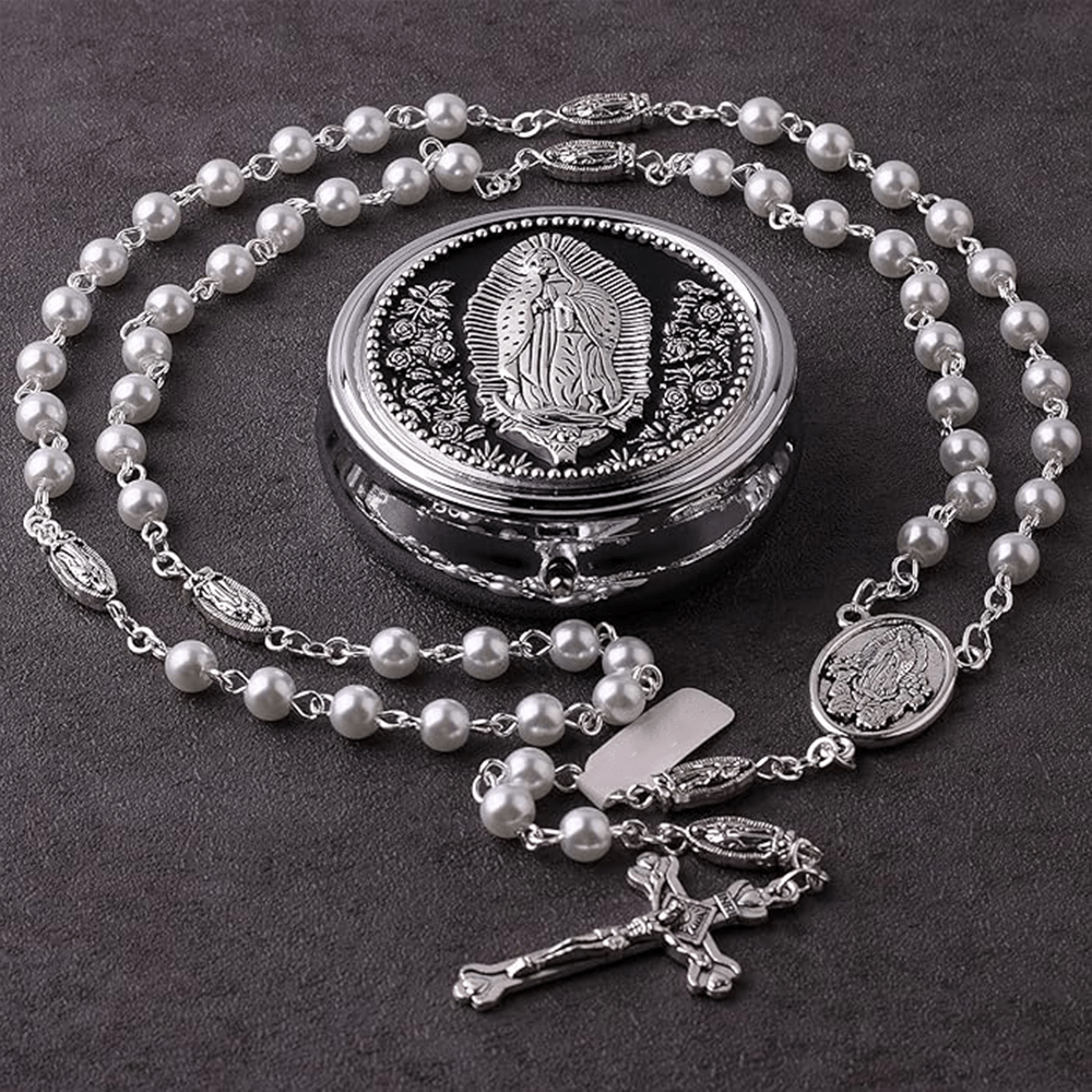 Catholic Our Lady of Guadalupe White Beads Rosary - image 2