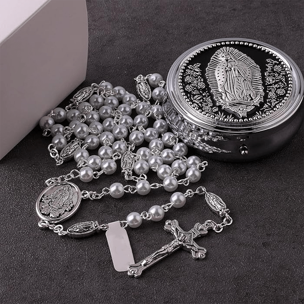 Catholic Our Lady of Guadalupe White Beads Rosary - image 3