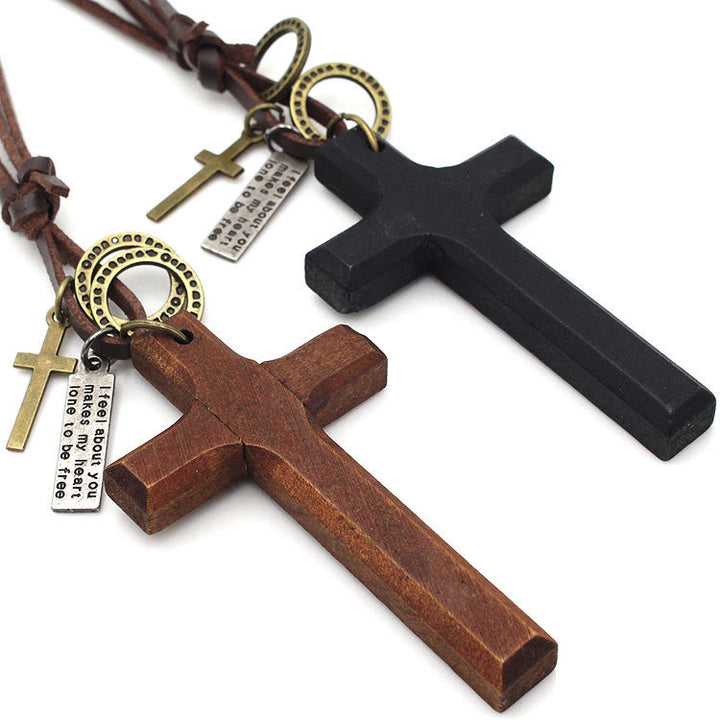 Christianartworkshop Vintage Wood Cross Adjustable Leather Necklace - image 8