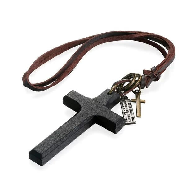 Christianartworkshop Vintage Wood Cross Adjustable Leather Necklace - image 12
