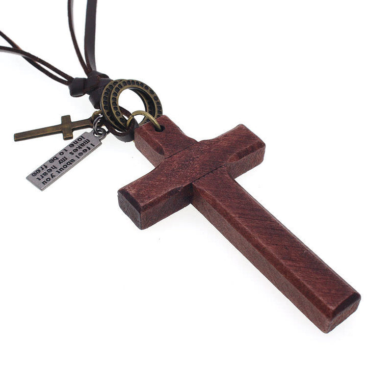 Christianartworkshop Vintage Wood Cross Adjustable Leather Necklace - image 9