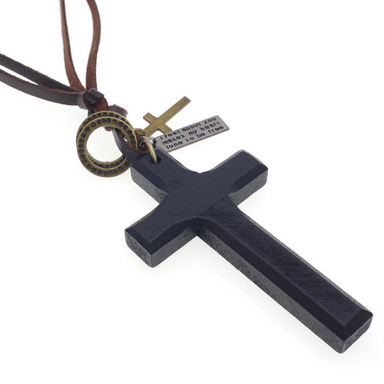 Christianartworkshop Vintage Wood Cross Adjustable Leather Necklace - image 11