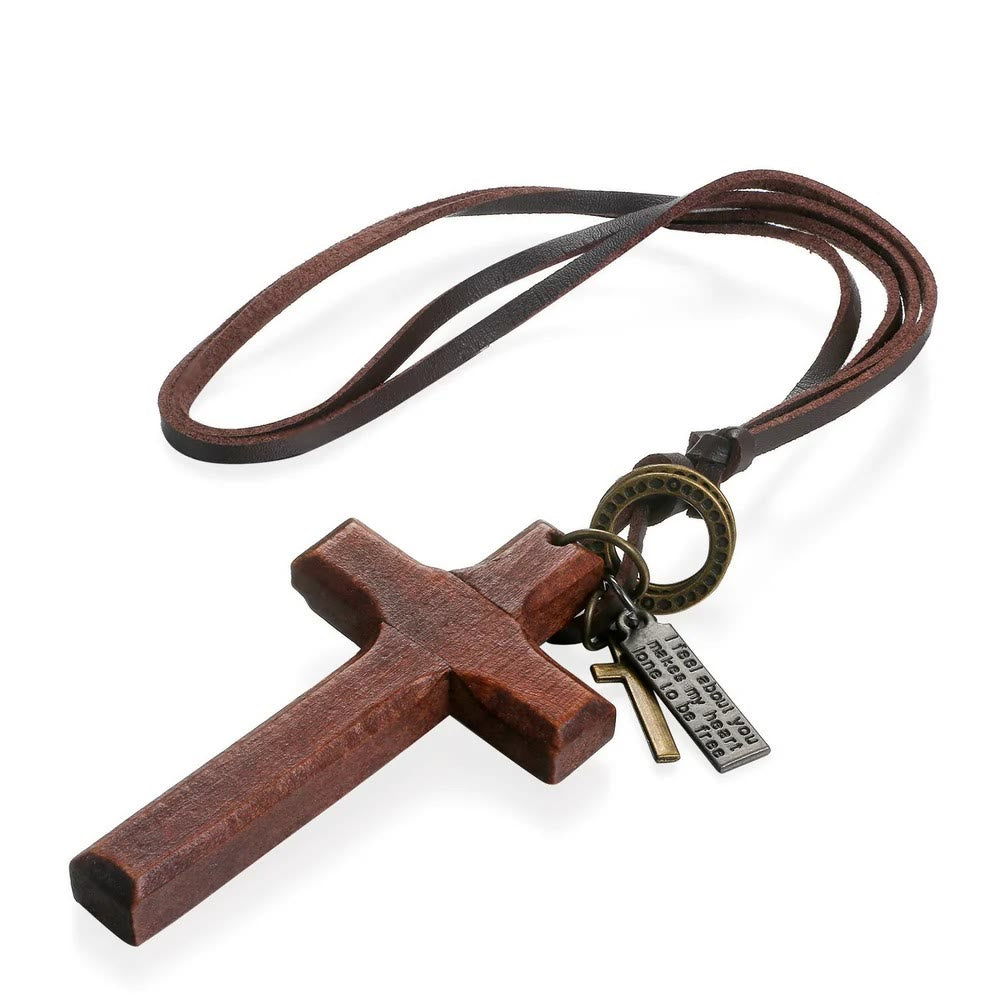 Christianartworkshop Vintage Wood Cross Adjustable Leather Necklace - image 10