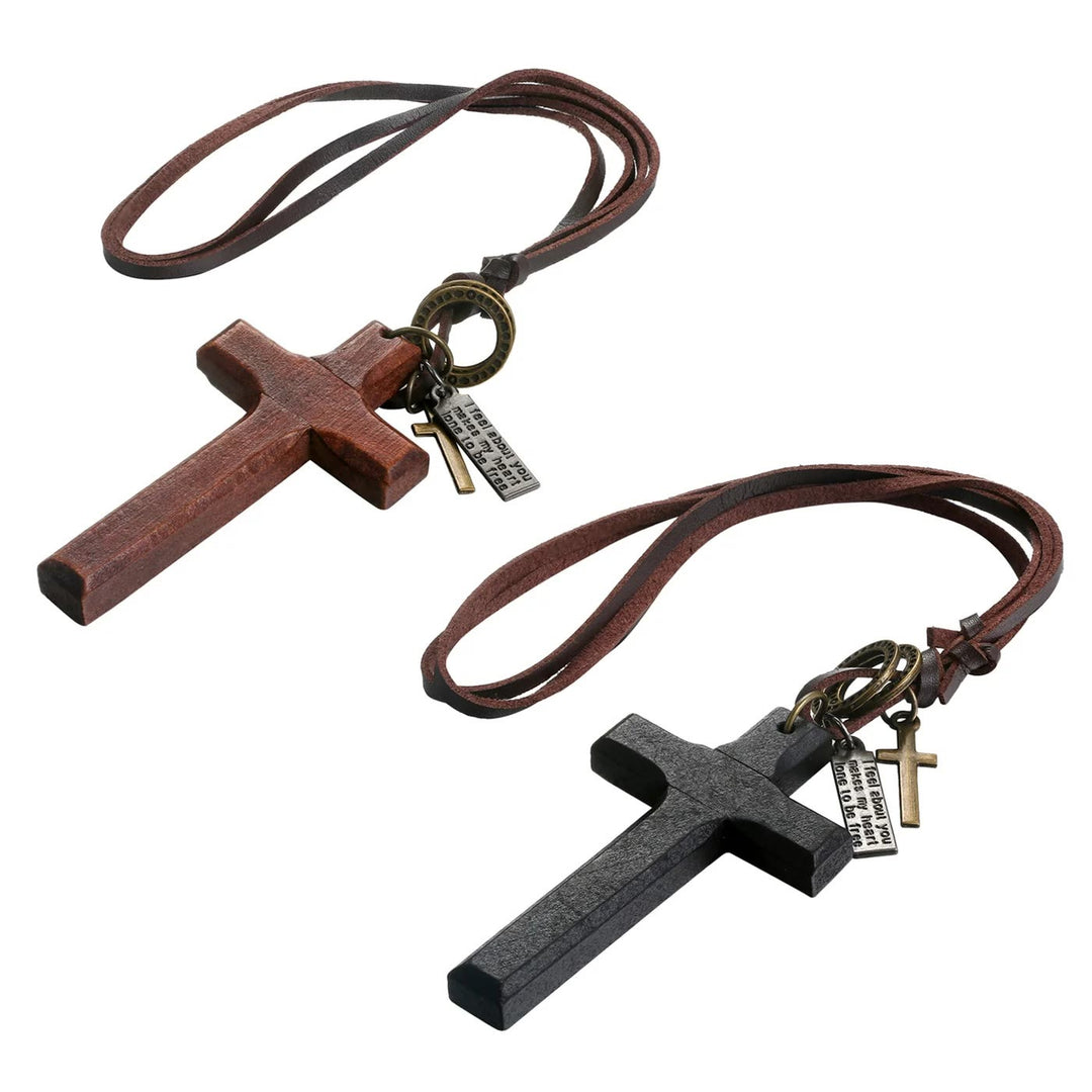 Christianartworkshop Vintage Wood Cross Adjustable Leather Necklace - Coffee - image 1