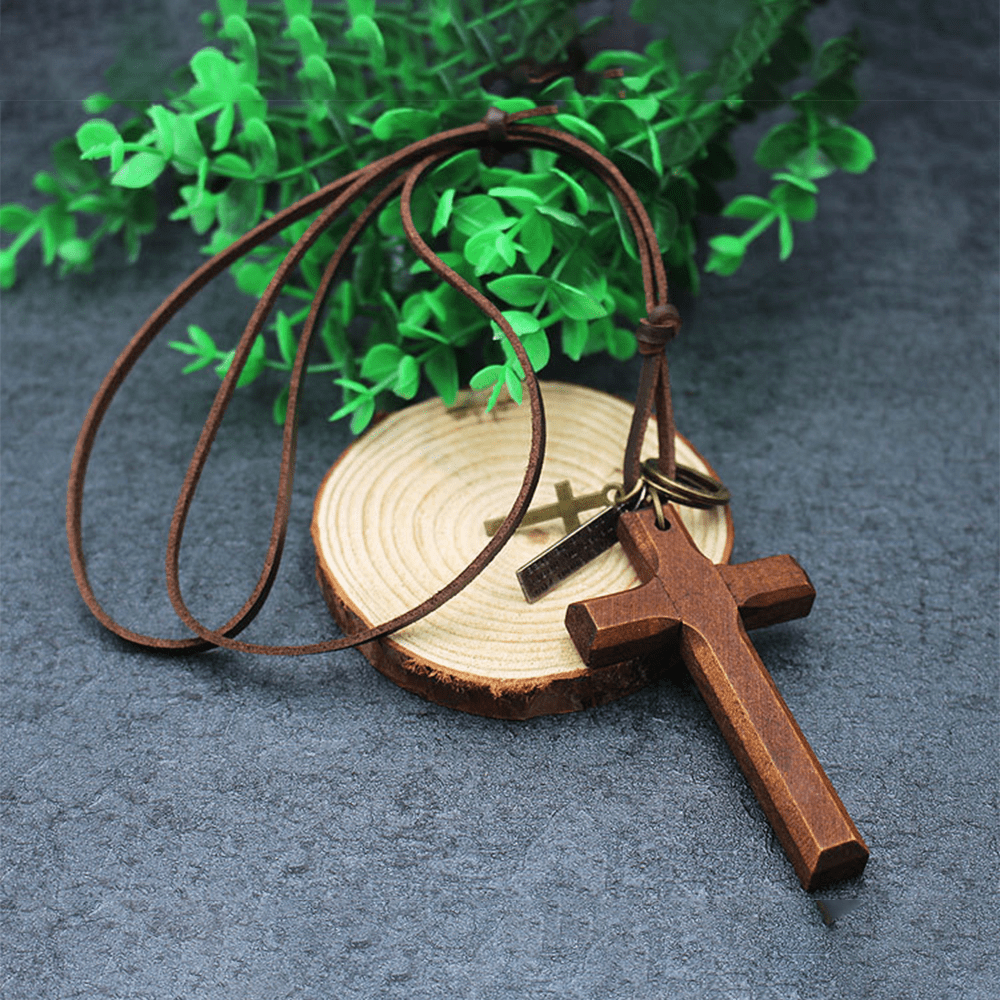 Christianartworkshop Vintage Wood Cross Adjustable Leather Necklace - image 3