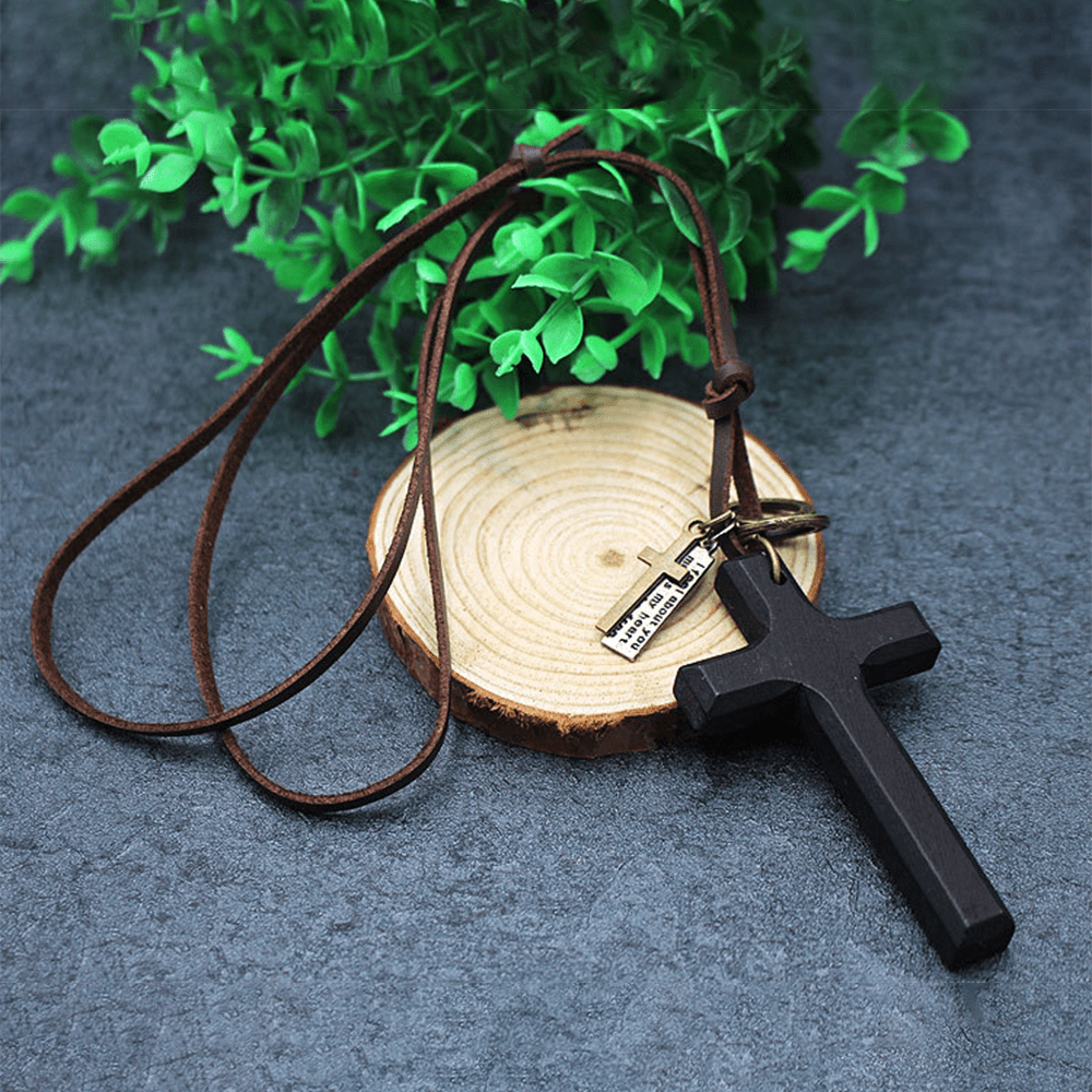 Christianartworkshop Vintage Wood Cross Adjustable Leather Necklace - image 6