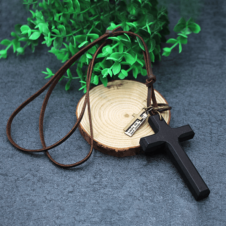 Christianartworkshop Vintage Wood Cross Adjustable Leather Necklace - image 6