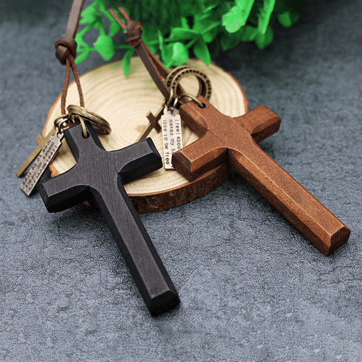 Christianartworkshop Vintage Wood Cross Adjustable Leather Necklace - image 4