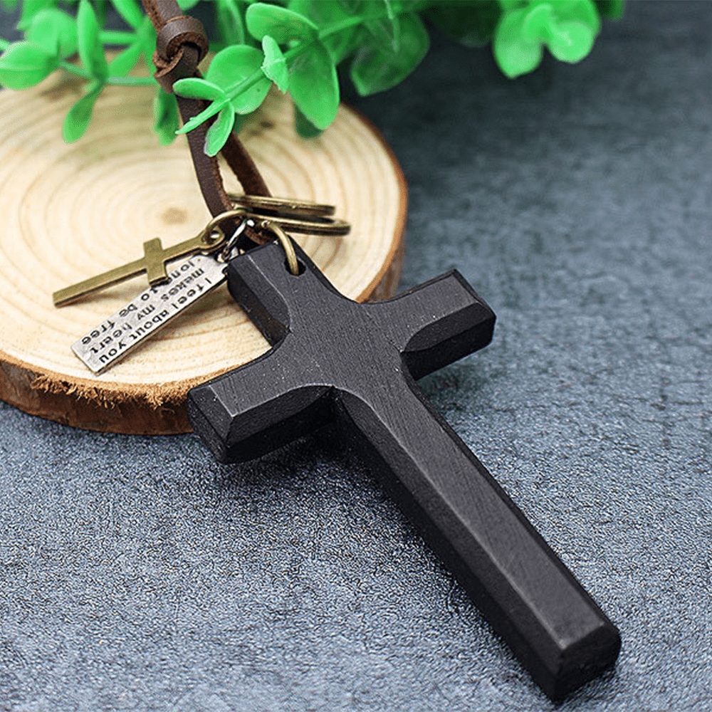 Christianartworkshop Vintage Wood Cross Adjustable Leather Necklace - Black - image 5