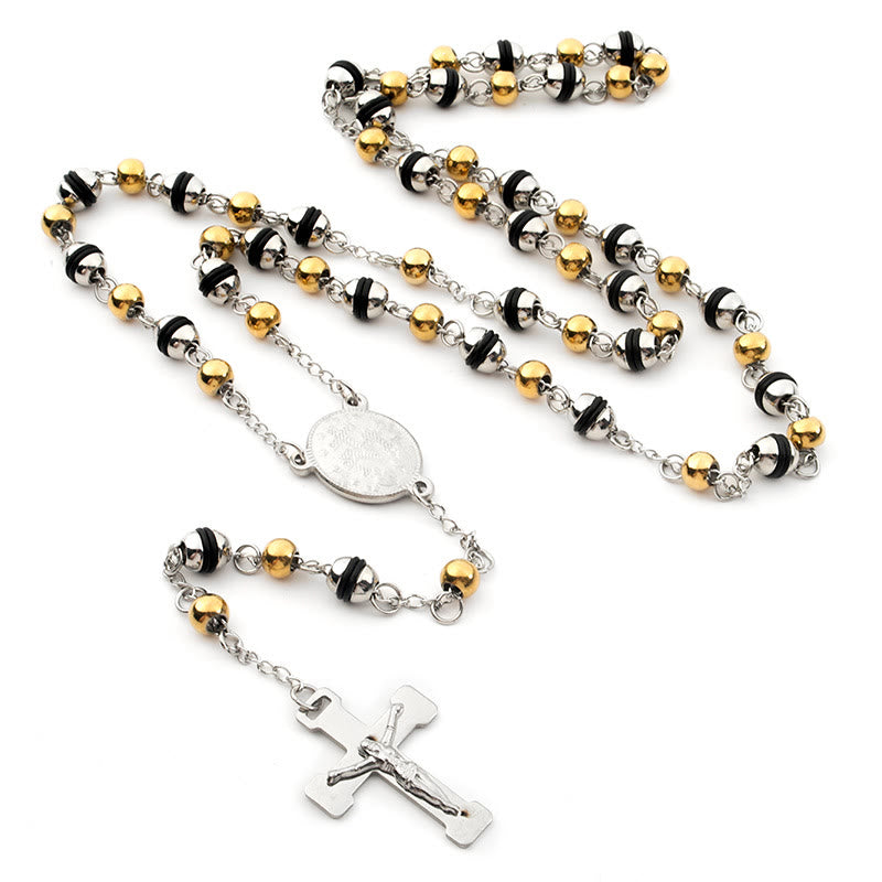 Stainless Steel Bead Chain Cross Pendant Rosary - Silver-gold Beads - image 1