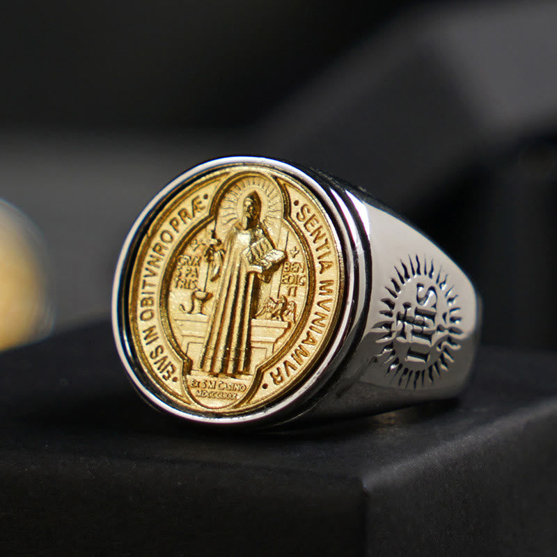Christianartworkshop Two Tone Catholic St. Benedict Medal Cross Ring - US13 - image 1
