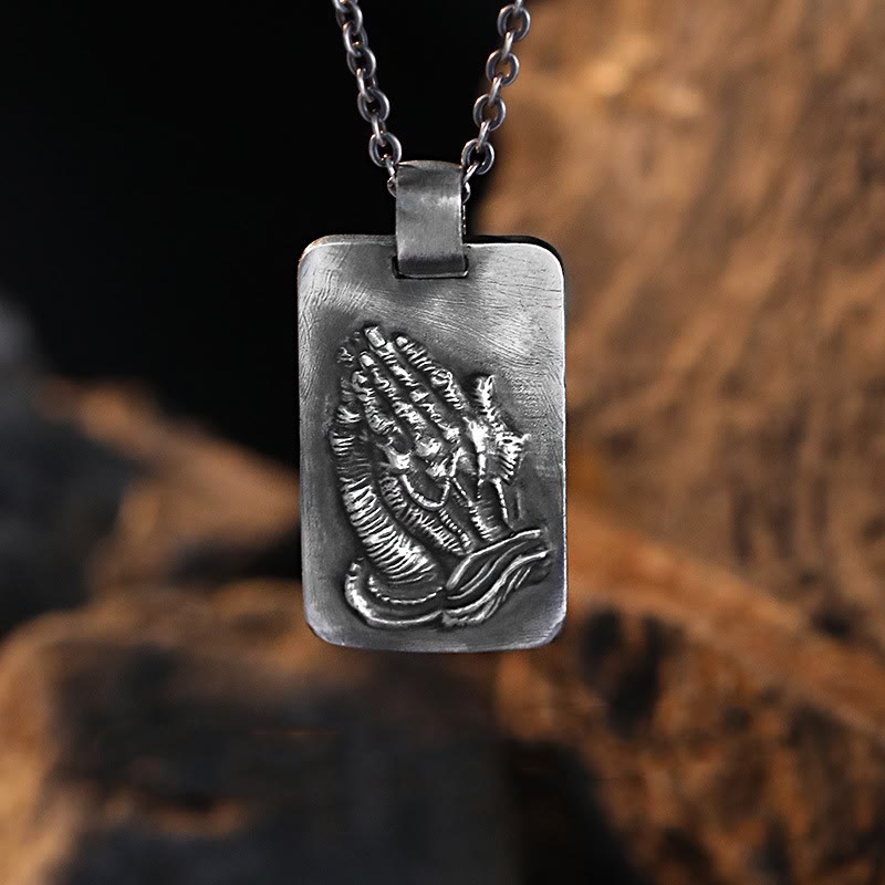 Christianartworkshop Retro Pray Hands Silver Medal Faith Necklace - Praying Hands - image 1