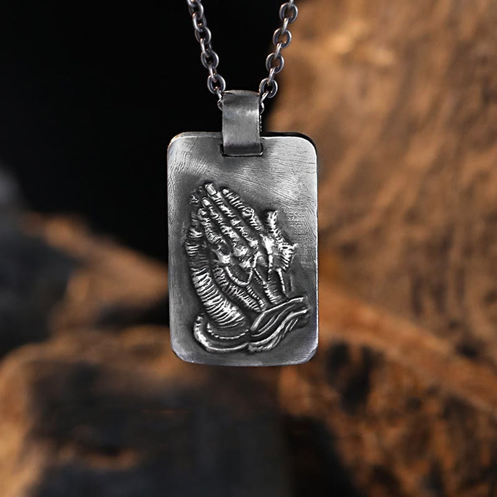 Christianartworkshop Retro Pray Hands Silver Medal Faith Necklace - Praying Hands - image 1
