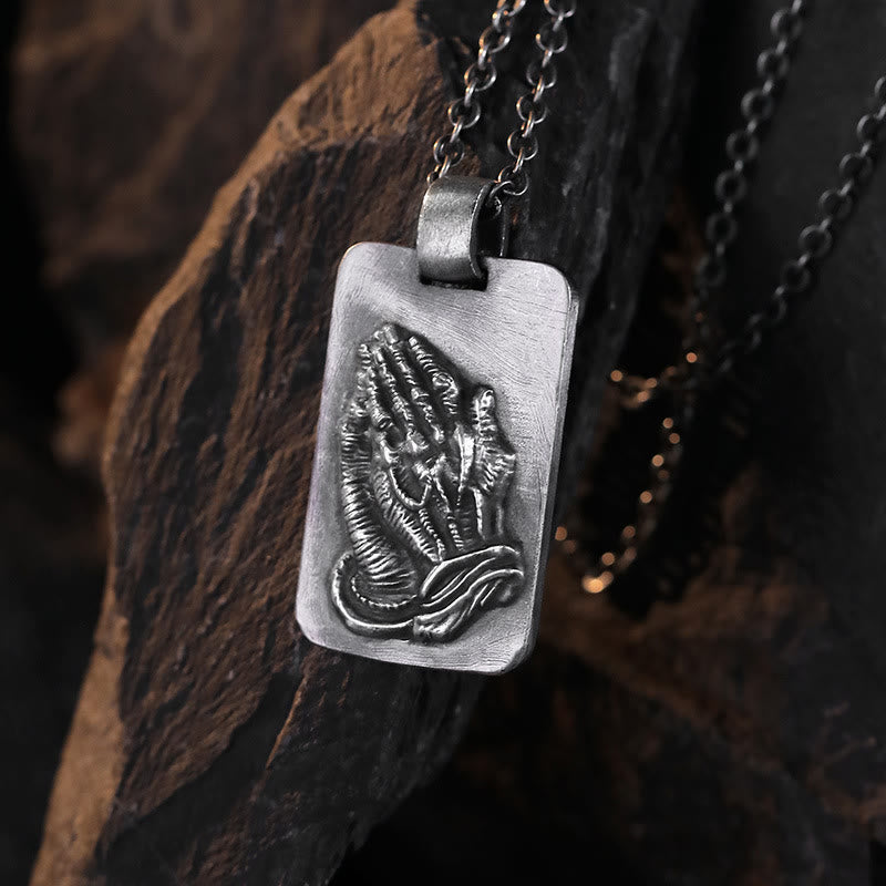 Christianartworkshop Retro Pray Hands Silver Medal Faith Necklace - image 4