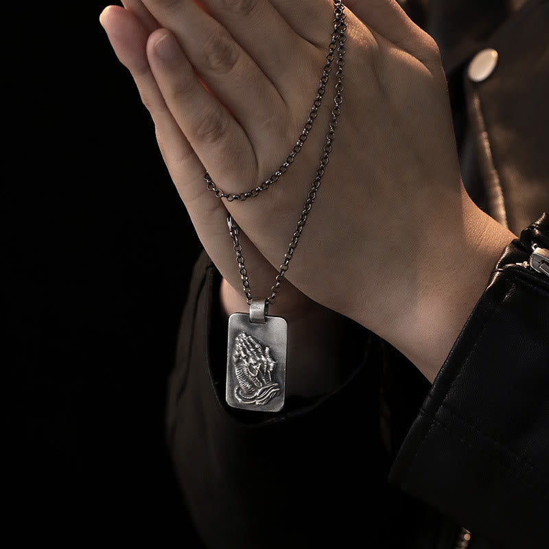 Christianartworkshop Retro Pray Hands Silver Medal Faith Necklace - image 3