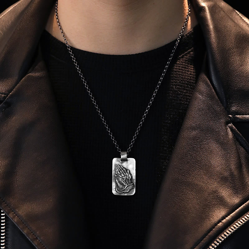 Christianartworkshop Retro Pray Hands Silver Medal Faith Necklace - image 2