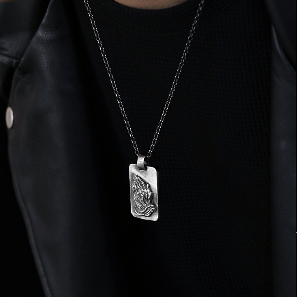 Christianartworkshop Retro Pray Hands Silver Medal Faith Necklace - image 7