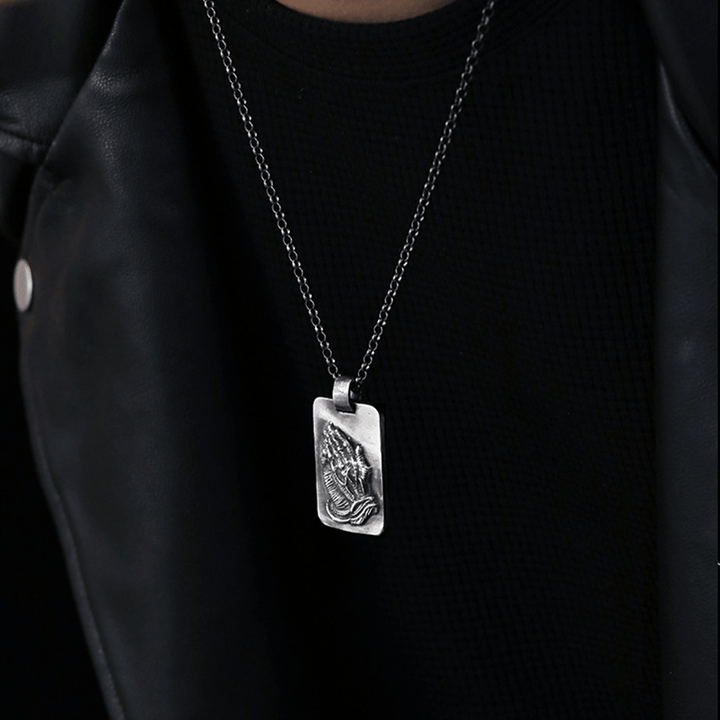 Christianartworkshop Retro Pray Hands Silver Medal Faith Necklace - image 7