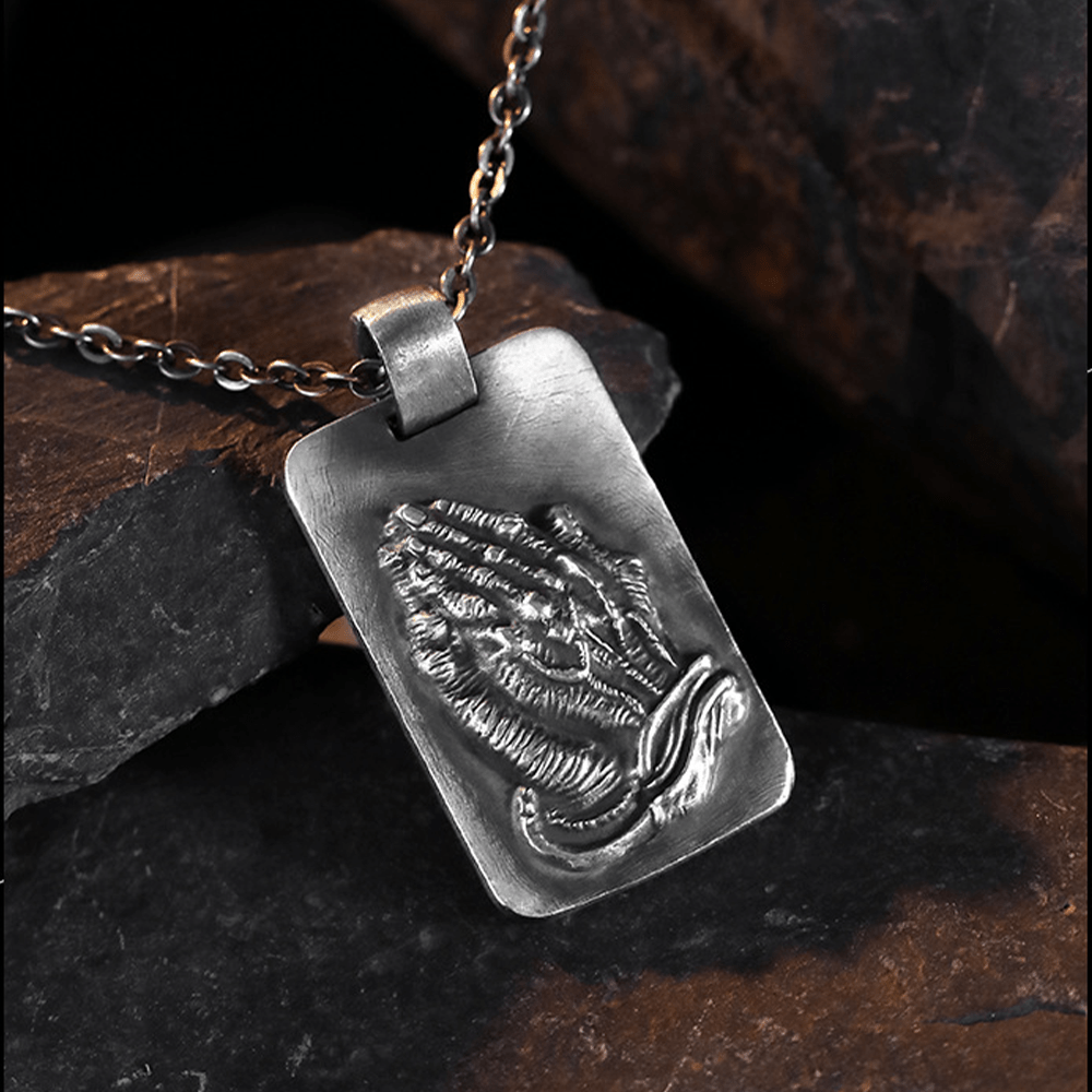 Christianartworkshop Retro Pray Hands Silver Medal Faith Necklace - image 8