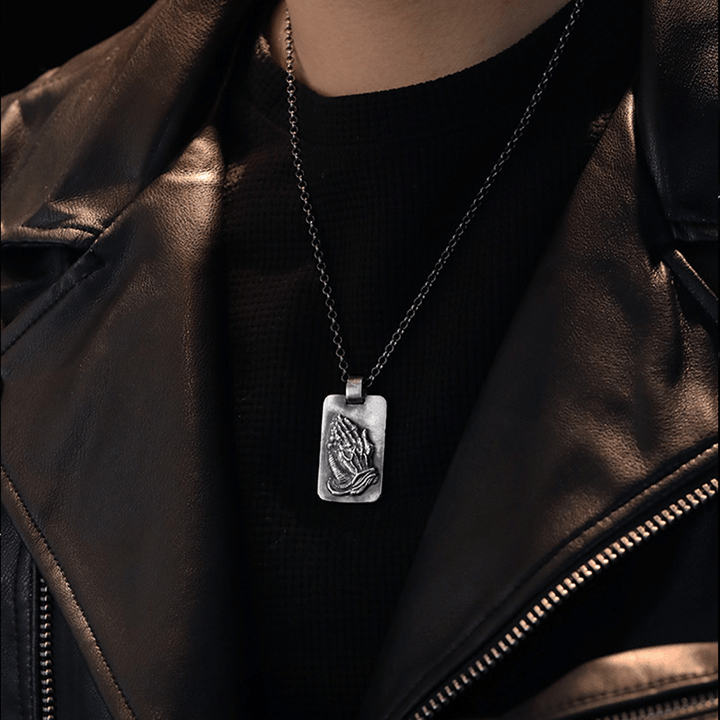 Christianartworkshop Retro Pray Hands Silver Medal Faith Necklace - image 5