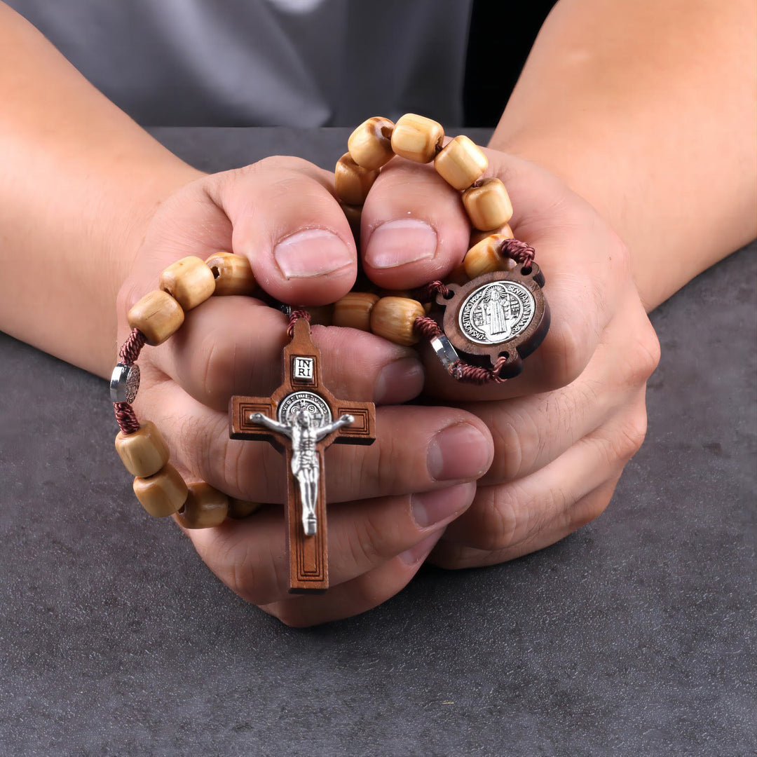 Crafted Natural Wood St. Benedict Crucifix Rosary - Brown - image 1