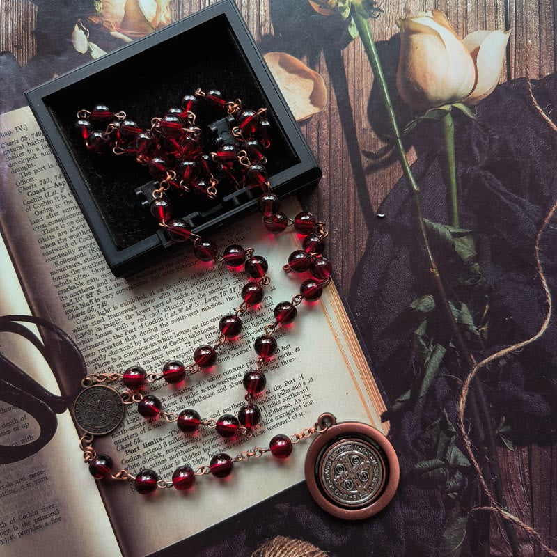 Red Glass Garnet St. Benedict Protection Rosary - image 3