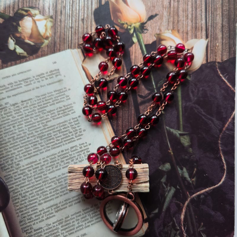 Red Glass Garnet St. Benedict Protection Rosary - image 2
