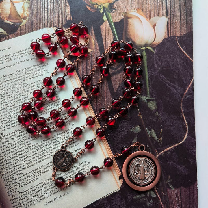 Red Glass Garnet St. Benedict Protection Rosary - image 4