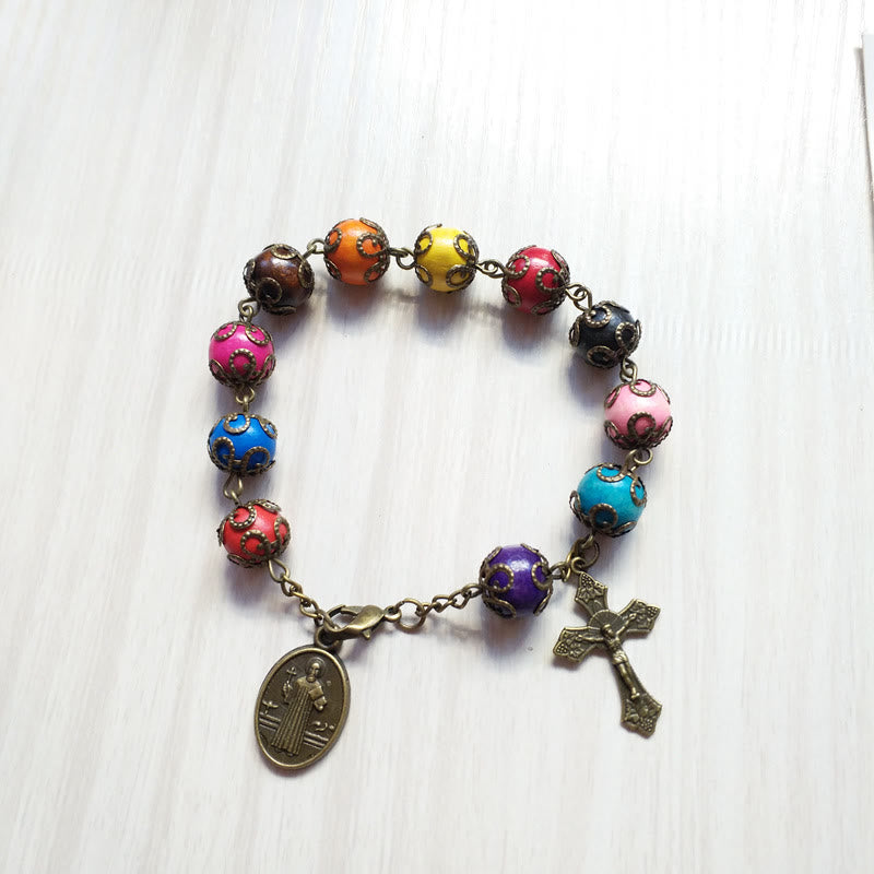 Christianartworkshop Antique Colors Wood Bracelet with St. Benedict & Crucifix - Colorful-beads - image 1