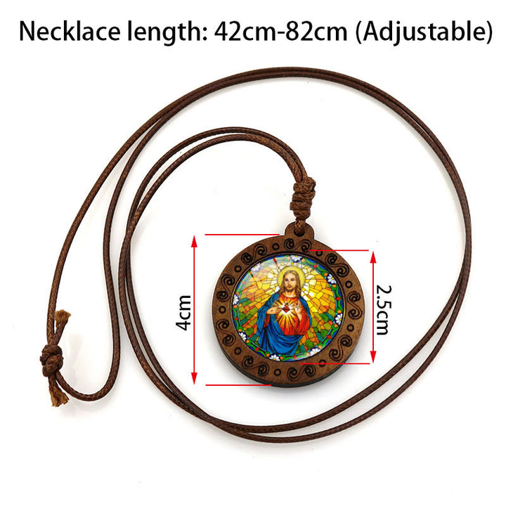 Christianartworkshop Jesus Sacred Heart Time Gemstone Wood Pendant Necklace - image 3