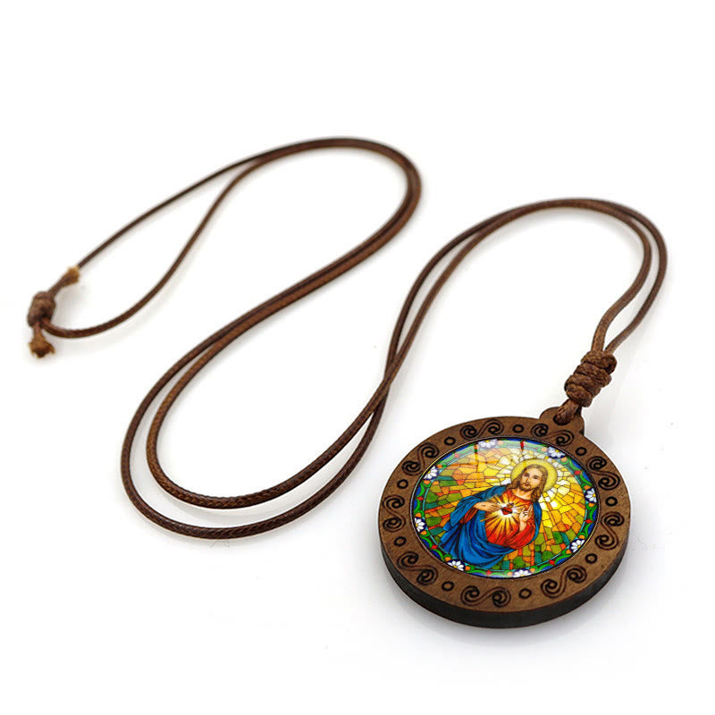 Christianartworkshop Jesus Sacred Heart Time Gemstone Wood Pendant Necklace - image 2