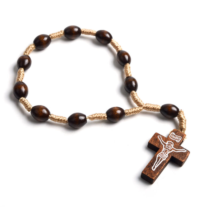 Mini Cross Finger Baptism Solid Wood Rosary - Coffee - image 1