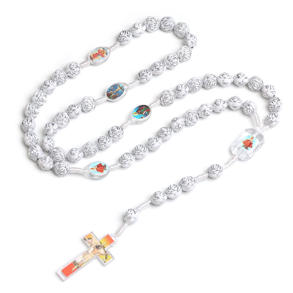 White Silver Rose-shaped Beads Christ Prayer Rosary - White - image 1