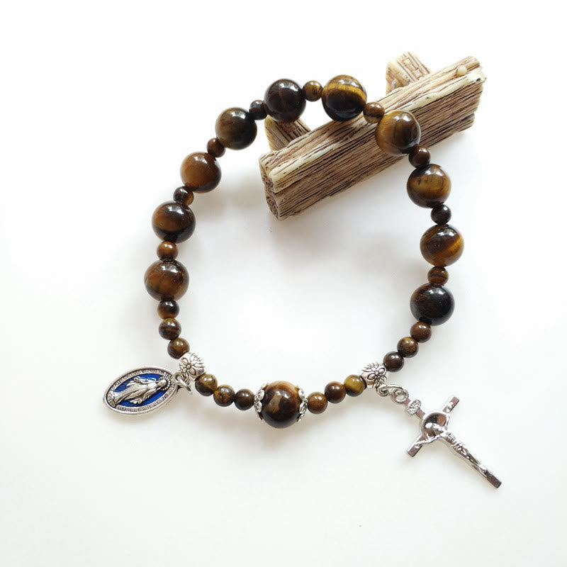 Christianartworkshop Jesus Cross & Miraculous Medal Tiger Eye Beaded Rosary Bracelet - Brown - image 1