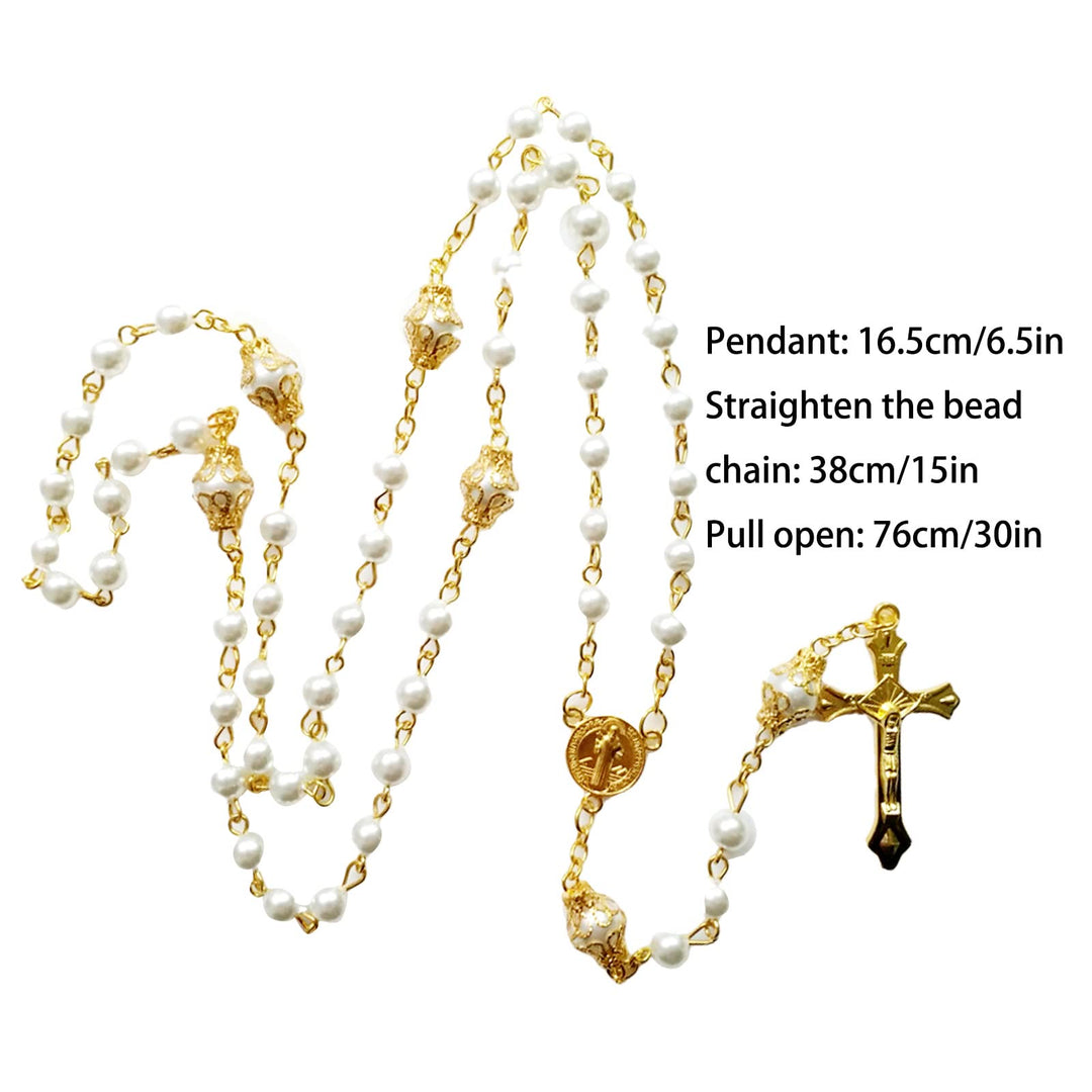 ChristianartworkshopSt. Benedict Medal & Crucifix of 6 mm Round White Pearl Alloy Chain Rosary