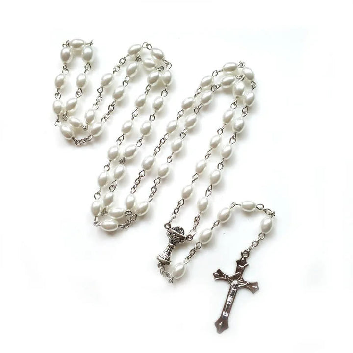 Discount Today: Holy Grail & Crucifix of 6*8 mm Oval White Pearl Alloy Chain Rosary