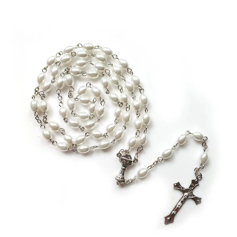 Discount Today: Holy Grail & Crucifix of 6*8 mm Oval White Pearl Alloy Chain Rosary