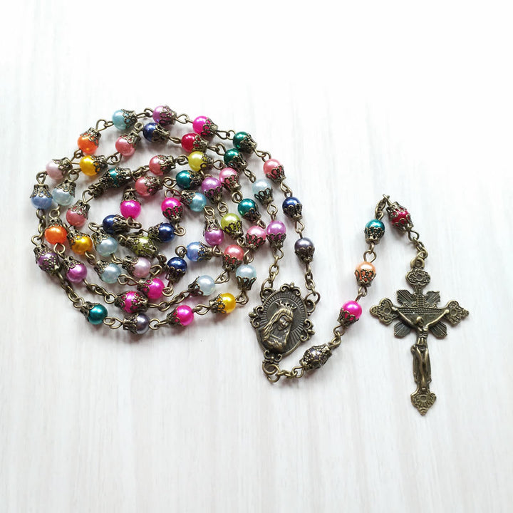 Discount Today: Our Lady of Fátima & Crucifix of 6 mm Round Multicolor Acrylic Alloy Chain Rosary