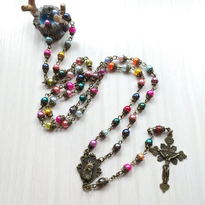 Christianartworkshop Our Lady of Fátima & Crucifix of 6 mm Round Multicolor Acrylic Alloy Chain Rosary